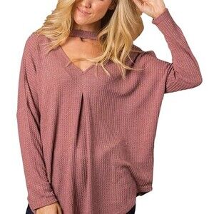 Simply Noelle Walk in the Woods womens choker neck waffle knit tunic top Sz S/M